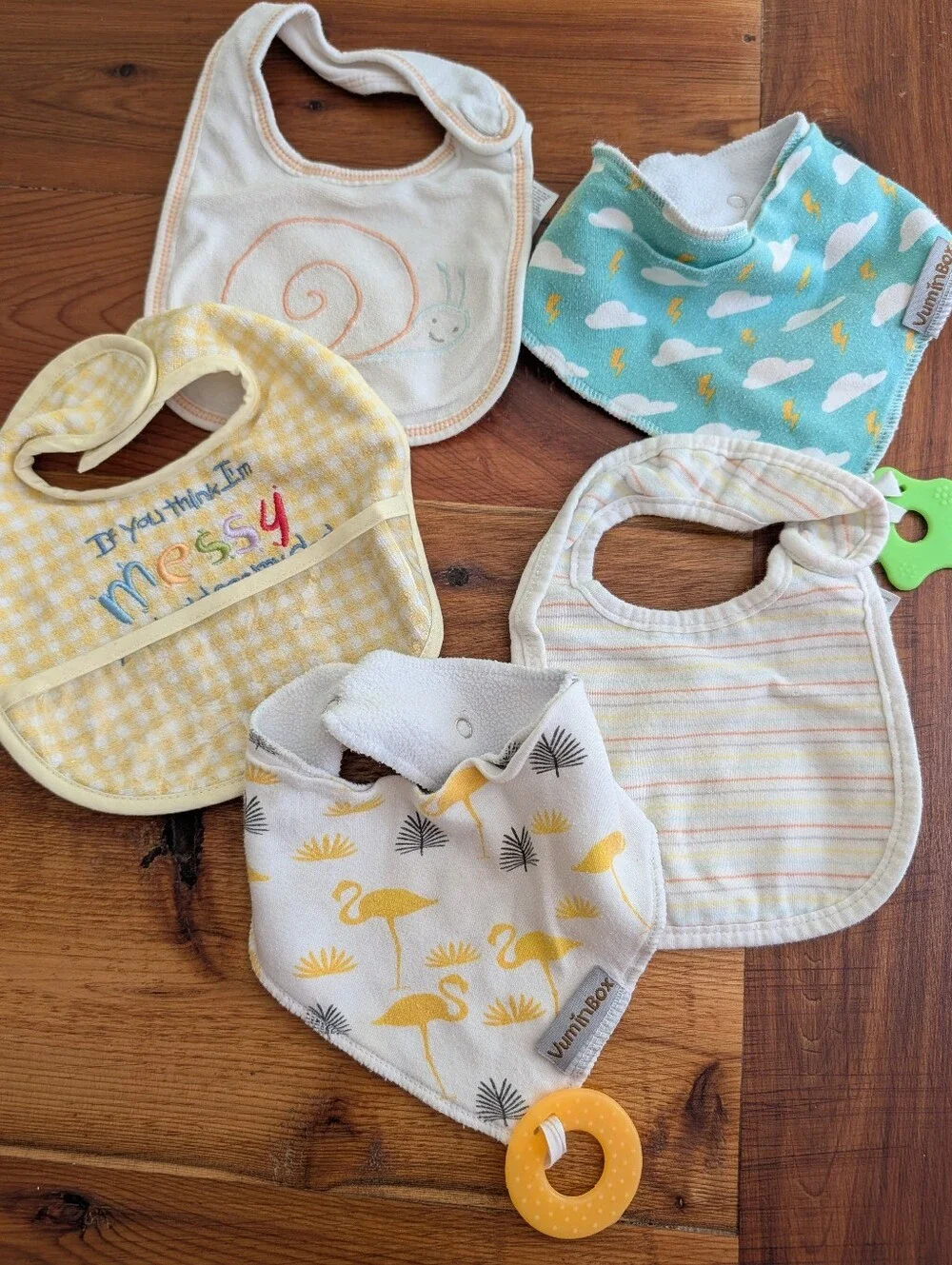 5/$10 Baby Bib Set Of 5- Yellow, Teal, Cream, White, Gray